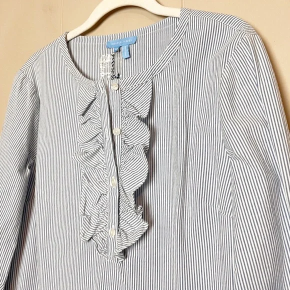 Draper James NWT Seersucker Ruffle Shirt Dress 12 blue white classic shift - Picture 3 of 12